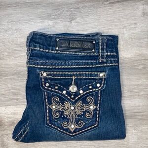 L.A. Idol Women's Dark Blue Boot Cut Jeans with Intricate Pocket Design